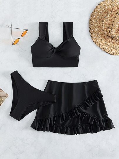 طقم تانكيني حريمي Swim ثوب سباحة بكيني صلب يتضمن ملابس علوية تانك توب بتفاصيل ملتوية وتنورة شاطئ بطبقات وقاع بكيني 3 قطع