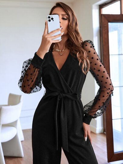 SHEIN Clasi جمبسوت أنيقة للنساء بياقة على شكل V متقاطعة، نقشة نقاط، أكمام فانوس، وساق واسعة
