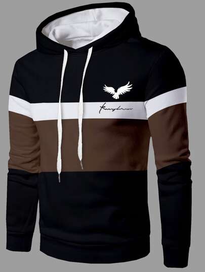 Manfinity Homme هودي طباعة نسر بألوان متباينة مع سحاب، هودي بأكمام طويلة للخروج مع طباعة جرافيكية ،هدية للأصدقاء والزوج والحبيب