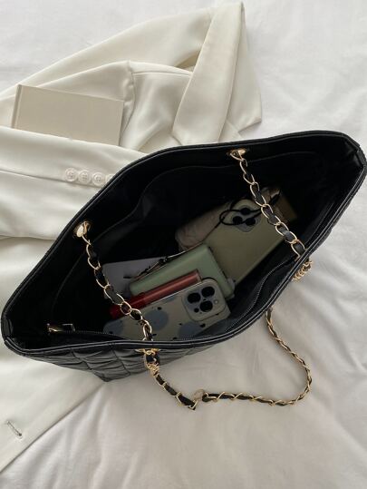 حقيبة كتف ذات سعة كبيرة من PU أسود بطراز حداثوي أنيق، مبطنة بشكل شبكي ماسي، سحاب معدني، مناسبة لنساء للاستخدام اليومي، السفر، العطلات، التجمعات، عشاء الصديقات، هدايا عيد ميلاد الصديقات، هدايا عيد الحب للصديقات، حقائب عمل النساء