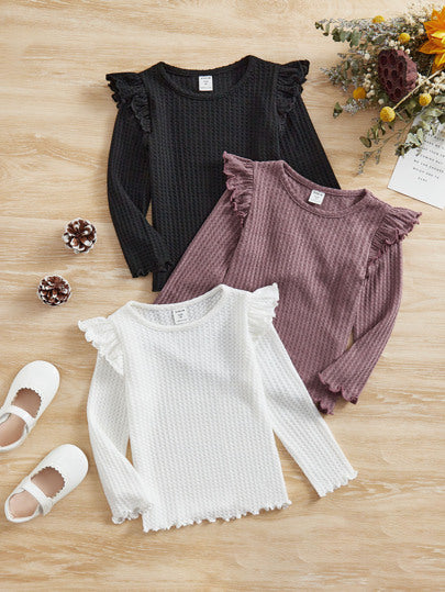 SHEIN ثلاثية القطع للفتات الصغيرة، تي شيرت وافل مضلع مع حواف بالتطريز