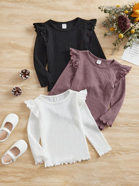 SHEIN ثلاثية القطع للفتات الصغيرة، تي شيرت وافل مضلع مع حواف بالتطريز