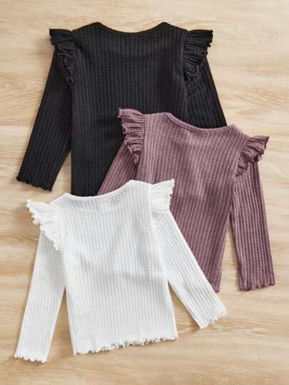 SHEIN ثلاثية القطع للفتات الصغيرة، تي شيرت وافل مضلع مع حواف بالتطريز