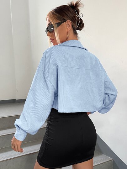 EZwear جاكيت منخفض الاكتاف بتفاصيل رفرف قصير نسيج قطن