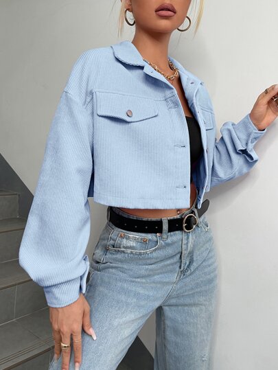 EZwear جاكيت منخفض الاكتاف بتفاصيل رفرف قصير نسيج قطن