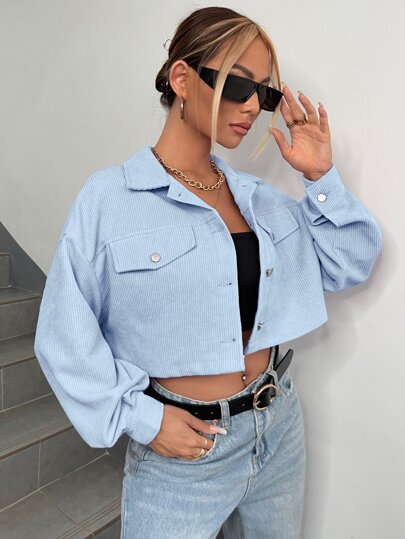 EZwear جاكيت منخفض الاكتاف بتفاصيل رفرف قصير نسيج قطن