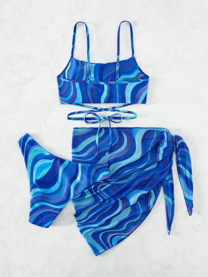 Swim متموج طباعة طقم بيكيني أشرطة متقاطعة كامي حمالة صدر & سروال بيكيني وغطاء تنورة