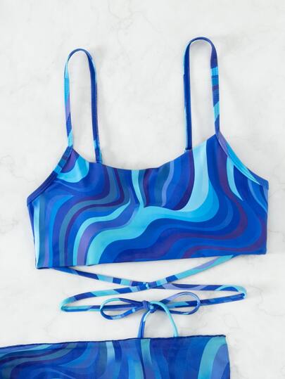 Swim متموج طباعة طقم بيكيني أشرطة متقاطعة كامي حمالة صدر & سروال بيكيني وغطاء تنورة