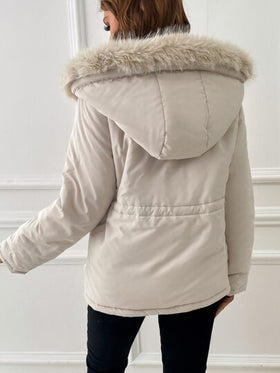 SHEIN EZwear معطف بوركا مزود بغطاء رأس وحبل شد الخصر مع جيوب مائلة وتريم فرو للاستخدام في فصلي الخريف والشتاء