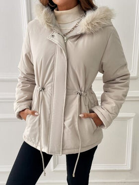 SHEIN EZwear معطف بوركا مزود بغطاء رأس وحبل شد الخصر مع جيوب مائلة وتريم فرو للاستخدام في فصلي الخريف والشتاء