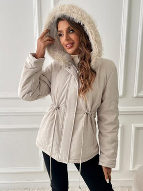SHEIN EZwear معطف بوركا مزود بغطاء رأس وحبل شد الخصر مع جيوب مائلة وتريم فرو للاستخدام في فصلي الخريف والشتاء