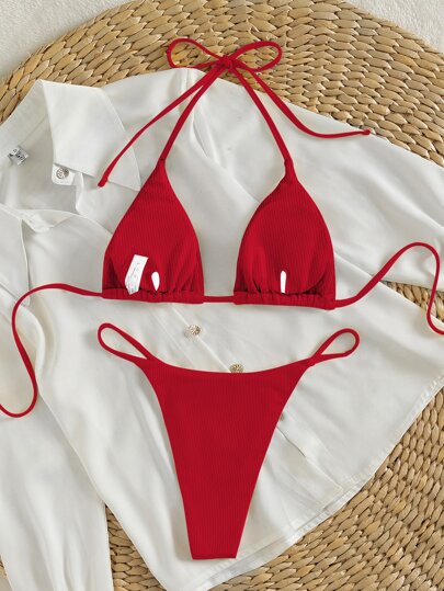 SHEIN Swim بكيني أحادي اللون بطراز بسيط للشاطئ صيف 2022