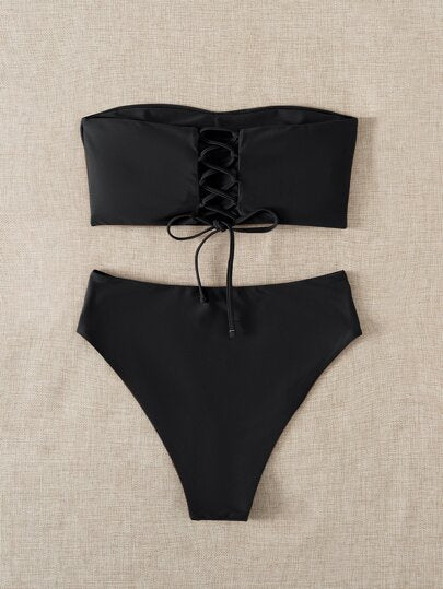 Swim Basics موحدة اللون طقم بيكيني برباط خلفي بجانبين أنبوب حمالة صدر & خصر عالي لباس قيعان 2قطع بدلة سباحة