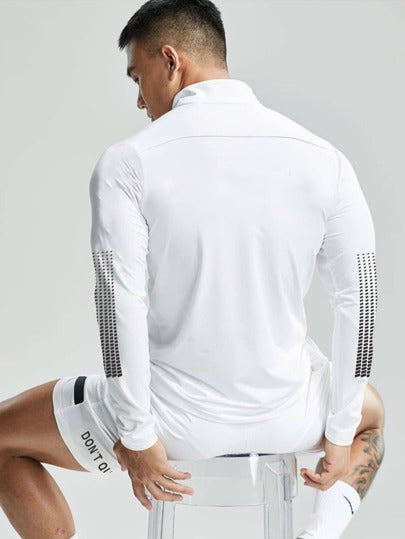 Manfinity Sport Corelite جاكيت رياضي رباع الزيبر مع طباعة حرفية للرجال، ملابس علوية تدريب للعودة إلى المدرسة، ملابس علوية تدريب خريفي قابل للتنفس وماص للعرق فائق اللين، تصميم بسيط ضيق للياقة البدنية، جاكيت خفيف للتدريب، ملابس علوية ضاغط للرجال