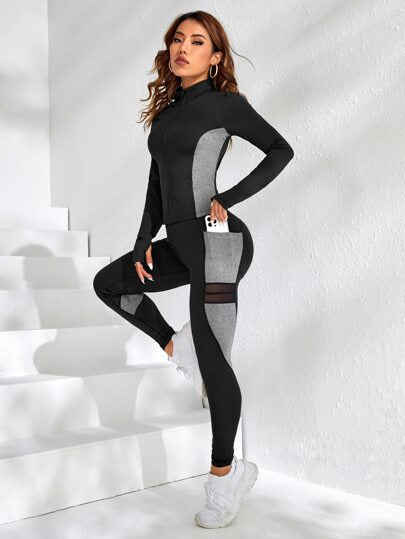 SHEIN Sport Studio 2 قطعة من البدلة الرياضية ذات الألوان المتباينة؛ جاكيت رياضي مزود بسحاب وسروال ضيق بشبكة للنساء لممارسة الرياضة