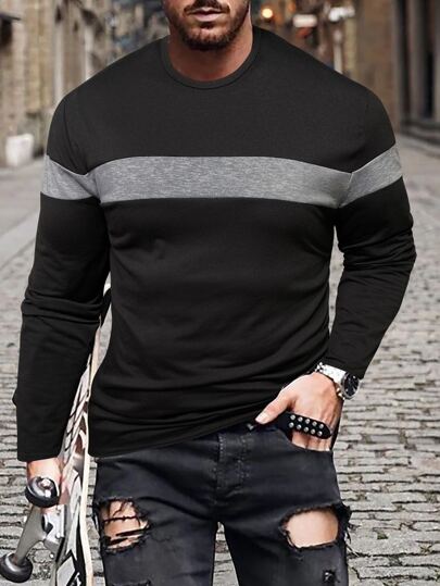 Manfinity Homme تي شيرت رجالي بألوان متباينة، خريف