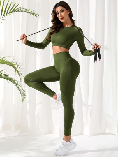 SHEIN Sport Studio مجموعة يوغا بلا راقبة الالتزام مكونة من 2 قطعة، بلوزة رياضية بأكمام راجلان وسروال ضيق شكل مؤخرة مجعدة، مجموعة رياضة نسائية
