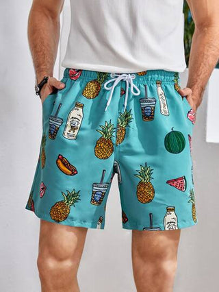Manfinity Swimmode سراويل سباحة للرجال مطبوعة برسومات الفاكهة والشفاه، لحمام السباحة، العطلات والهاواي