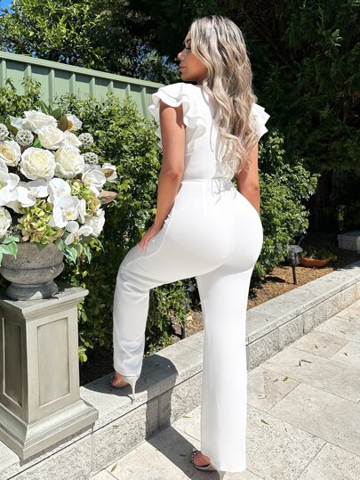 SHEIN SXY جمبسوت مقلم بكشكش ساق واسع من الاسفل