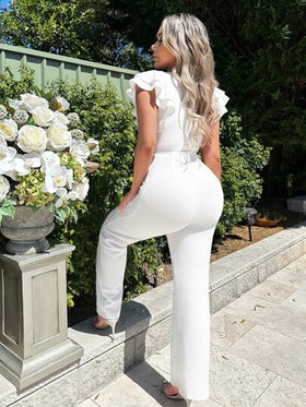 SHEIN SXY جمبسوت مقلم بكشكش ساق واسع من الاسفل