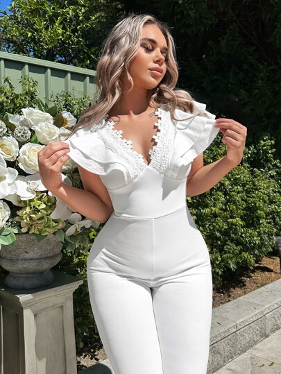 SHEIN SXY جمبسوت مقلم بكشكش ساق واسع من الاسفل
