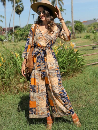SHEIN VCAY بدسويت بساق واسع طباعة مختلط حزام