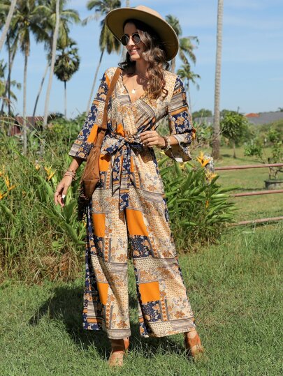 SHEIN VCAY بدسويت بساق واسع طباعة مختلط حزام