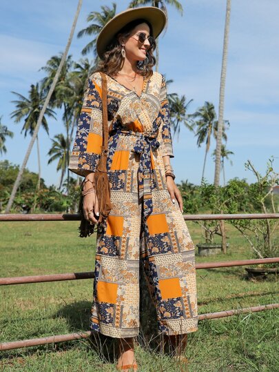 SHEIN VCAY بدسويت بساق واسع طباعة مختلط حزام