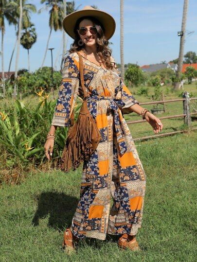 SHEIN VCAY بدسويت بساق واسع طباعة مختلط حزام