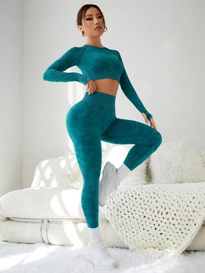 SHEIN Sport Studio طقم رياضي نسائي من سيت بنطلون وطقم، بأكمام راجلان بدون غرز، بدلة رياضية للنساء
