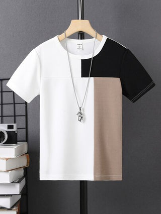 SHEIN تي شيرت تي شيرت كاجوال بأكمام قصيرة وياقة طاقم، متنوع الألوان وقطع حيوي، مريح للأطفال المراهقين