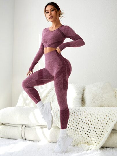 SHEIN Sport Studio مجموعة اللياقة البدنية بقطعتين ، بلوزة بفتحة الإبهام وسراويل ضيقة مسيطرة على البطن لممارسة اليوغا ، مناسبة للنساء