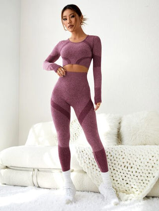 SHEIN Sport Studio مجموعة اللياقة البدنية بقطعتين ، بلوزة بفتحة الإبهام وسراويل ضيقة مسيطرة على البطن لممارسة اليوغا ، مناسبة للنساء