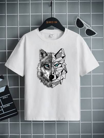 SHEIN تي شيرت كاجوال لفتى مراهق بياقة مستديرة وأكمام قصيرة بطبعات الذئب والأشكال الهندسية، صيفي