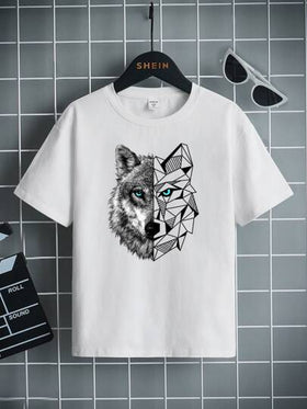 SHEIN تي شيرت كاجوال لفتى مراهق بياقة مستديرة وأكمام قصيرة بطبعات الذئب والأشكال الهندسية، صيفي