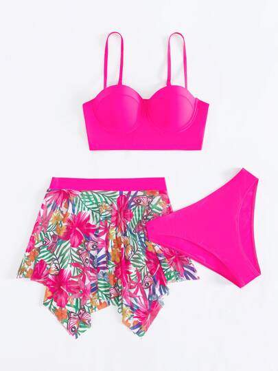 SHEIN Swim طقم بيكيني مكون من 3 قطع مع حمالة صدر ذات دفع للأعلى وسروال بيكيني وتنورة شاطئ بطبعة استوائية، صيفي شاطئي