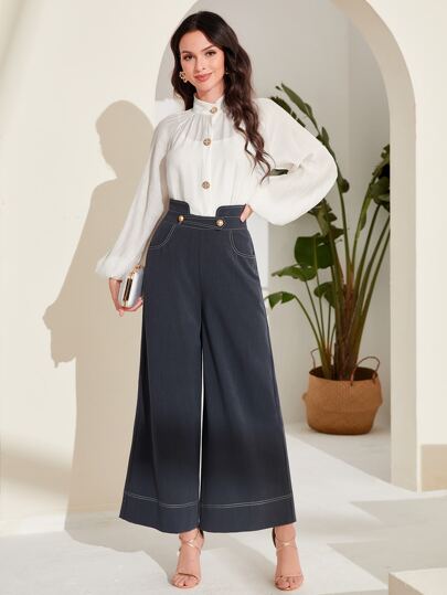 Modelyn بنطلون ذو خصر عالي وساق واسعة مع حياكة علوية