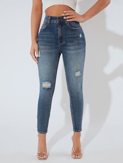 SHEIN PETITE جينز نحيل ممزق خصر عالي