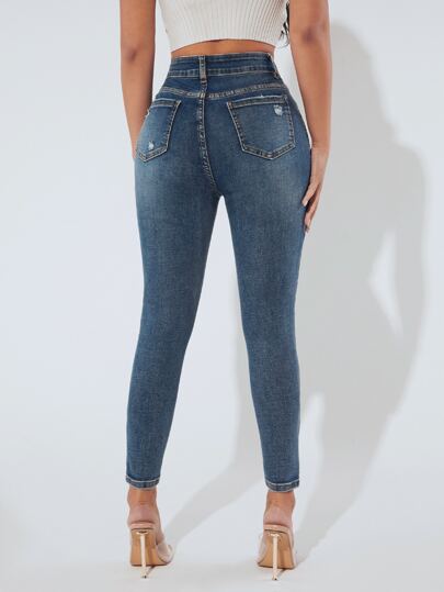 SHEIN PETITE جينز نحيل ممزق خصر عالي