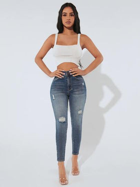 SHEIN PETITE جينز نحيل ممزق خصر عالي