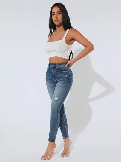 SHEIN PETITE جينز نحيل ممزق خصر عالي