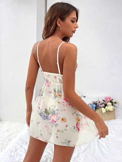 SHEIN فستان نوم شيفون ذو زيّ أمامي بفيونكة، نقش زهري بتباين الدانتيل