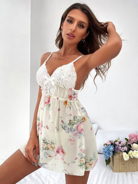 SHEIN فستان نوم شيفون ذو زيّ أمامي بفيونكة، نقش زهري بتباين الدانتيل