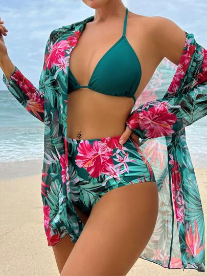 Swim Lushoire طقم بيكيني بطباعة استوائية مثلث حمالة صدر & خصر عالي لباس قيعان وغطاء 3قطعات بدلة سباحة
