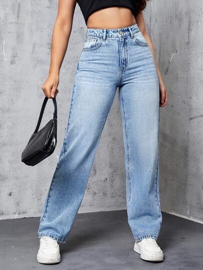 SHEIN EZwear جينز بساق مستقيم خصر عالي
