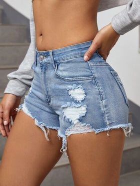 SHEIN EZwear شورت دنيم ممزق مقلم بخام