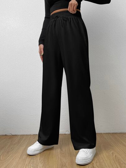 EZwear بنطلون كاجوال اسود بخصر مطاطي ورباط امامي مستقيم