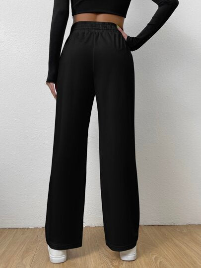 EZwear بنطلون كاجوال اسود بخصر مطاطي ورباط امامي مستقيم