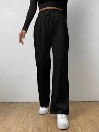 EZwear بنطلون كاجوال اسود بخصر مطاطي ورباط امامي مستقيم