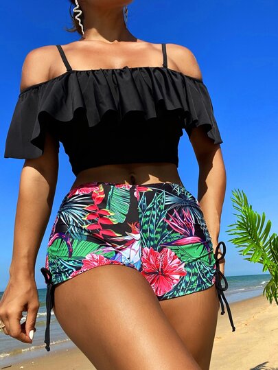 طقم تانكيني حريمي Swim Lushoire استوائي تانكيني سباحة طقم كتف مكشوف كشكش لباس علوي & خصر عالي بنطلون قصير 2قطع بدلة سباحة